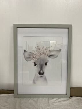 Stupell Industries Sketched Fluffy Deer Flowers, Design by Studio Q White Framed